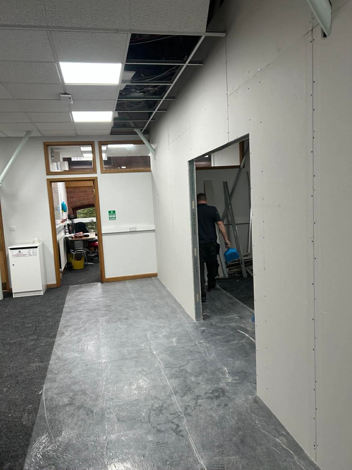 Commercial drylining and partition wall installation in progress